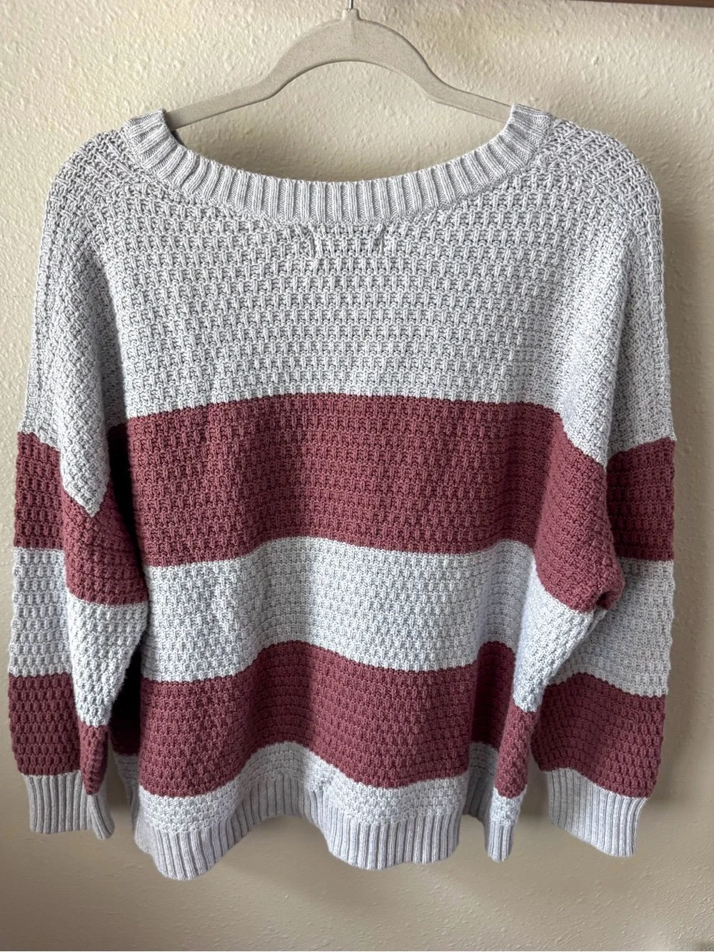 Old Navy Striped Crewneck Sweater - Mauve and Light Gray